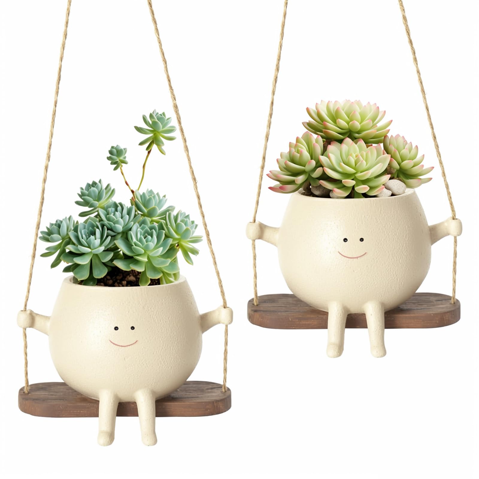 ZILAMGOO Swinging Smiley Face Planter Pot Set of 2 – Cute Hanging Planters for Indoor/Outdoor Plants – Weatherproof Resin Rocking Chair Pots for Succulents, Herbs, Spider Plants