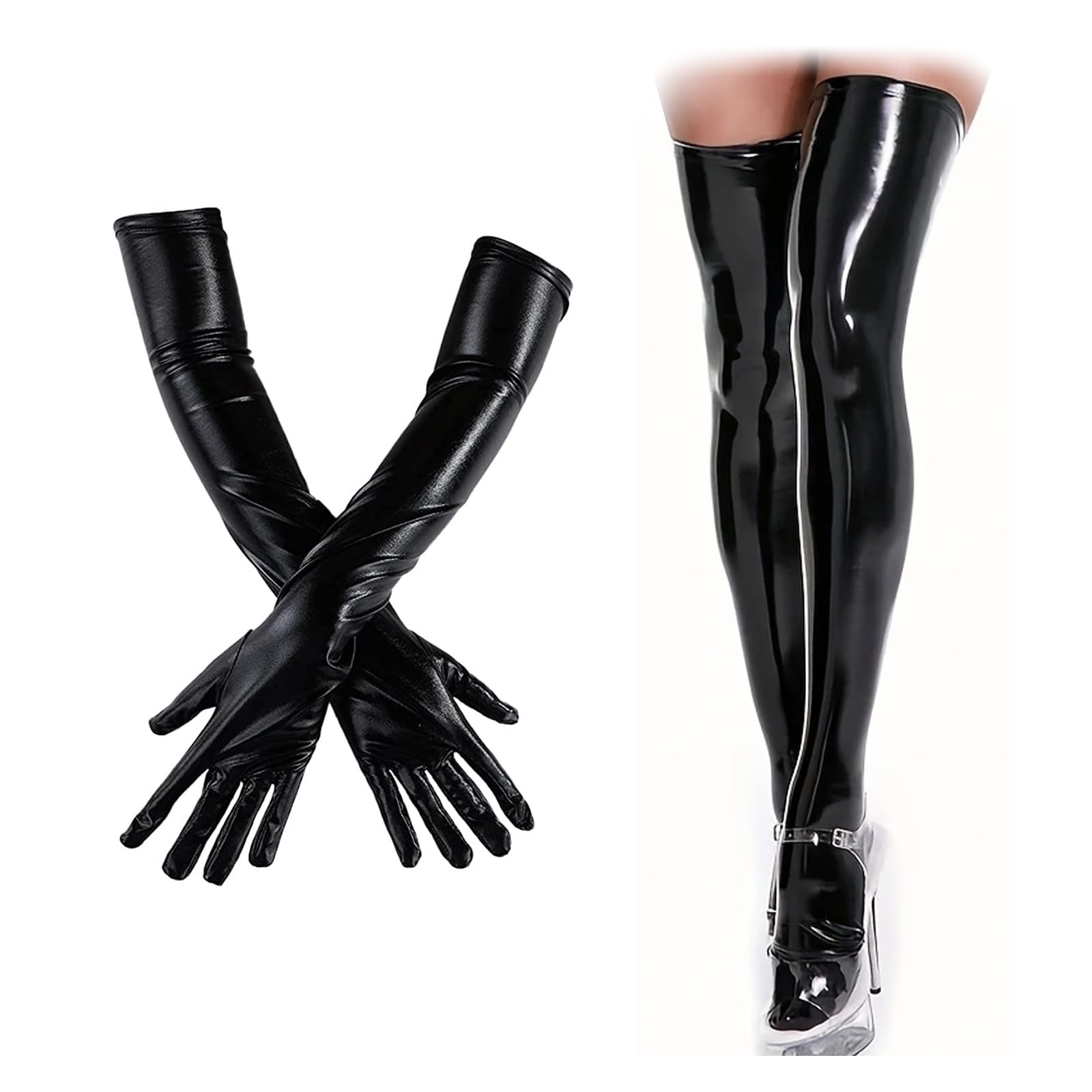 BDSMJOY Lingerie en latex pour femme - Effet mouillé - Ensemble sexy - Avec snocks en latex - Sous-vêtements et gants - Catsuit en latex - Costume sexy pour adulte - Robe de clubwear
