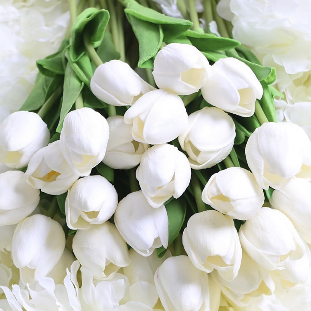 PU Real Touch Tulips Artificial Flowers 30Pcs Flowers Arrangement Bouquet for Home Office Wedding Decoration (White) - Image 2