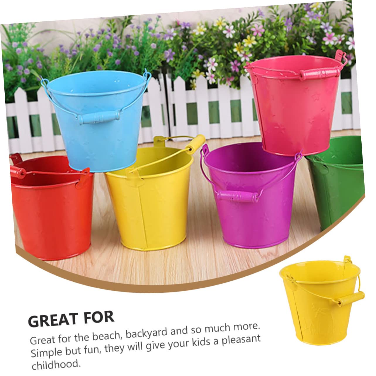4 Seaux à Sable Colorés Pour Enfants - En Fer Blanc Avec Manche En Bois - Pour Plage, Neige, Jardin - Jeu Créatif Extérieur - 8