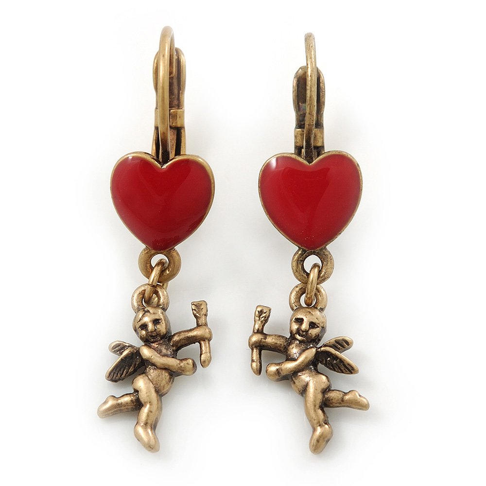 Boucles d'oreilles cœur et ange vintage en émail rouge passion - 6