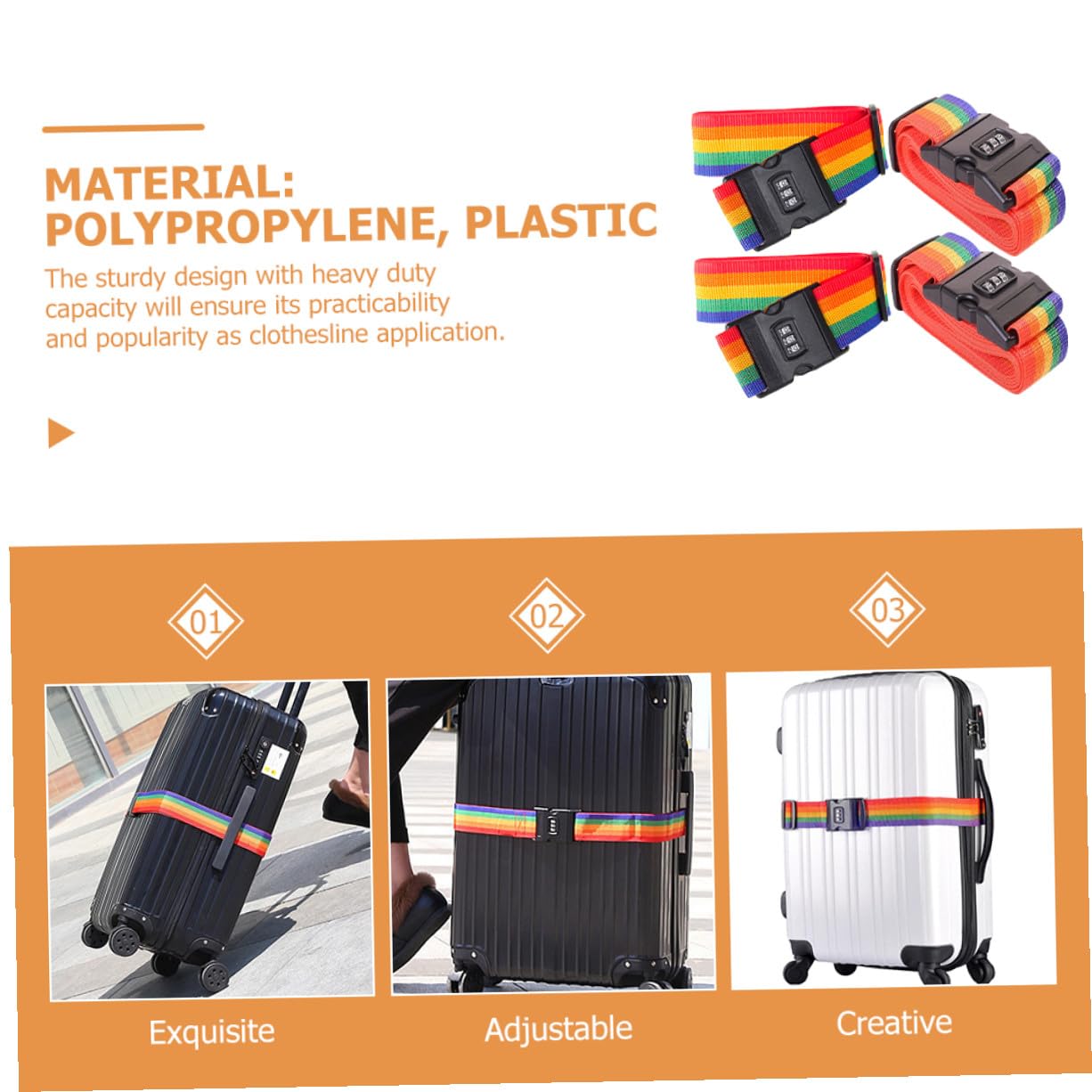 4 Correas de Equipaje Ajustables Arcoíris Hebilla, Ligeras y Fáciles de Cambiar, Ideales para Viajes y Salidas, Paquete de 4 Piezas de Polipropileno