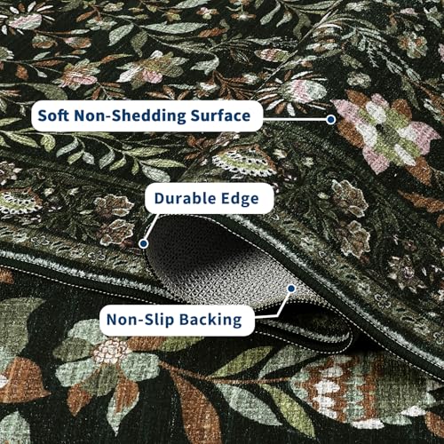 GarveeHome Moss Green Living Room Rug 5x7 Washable Floral Area Rugs for Bedroom Low Pile Non Slip Floor Cover Indoor Soft Non-Shedding Farmhouse Retro Throw Carpet for Dining Room Home Office Nursery