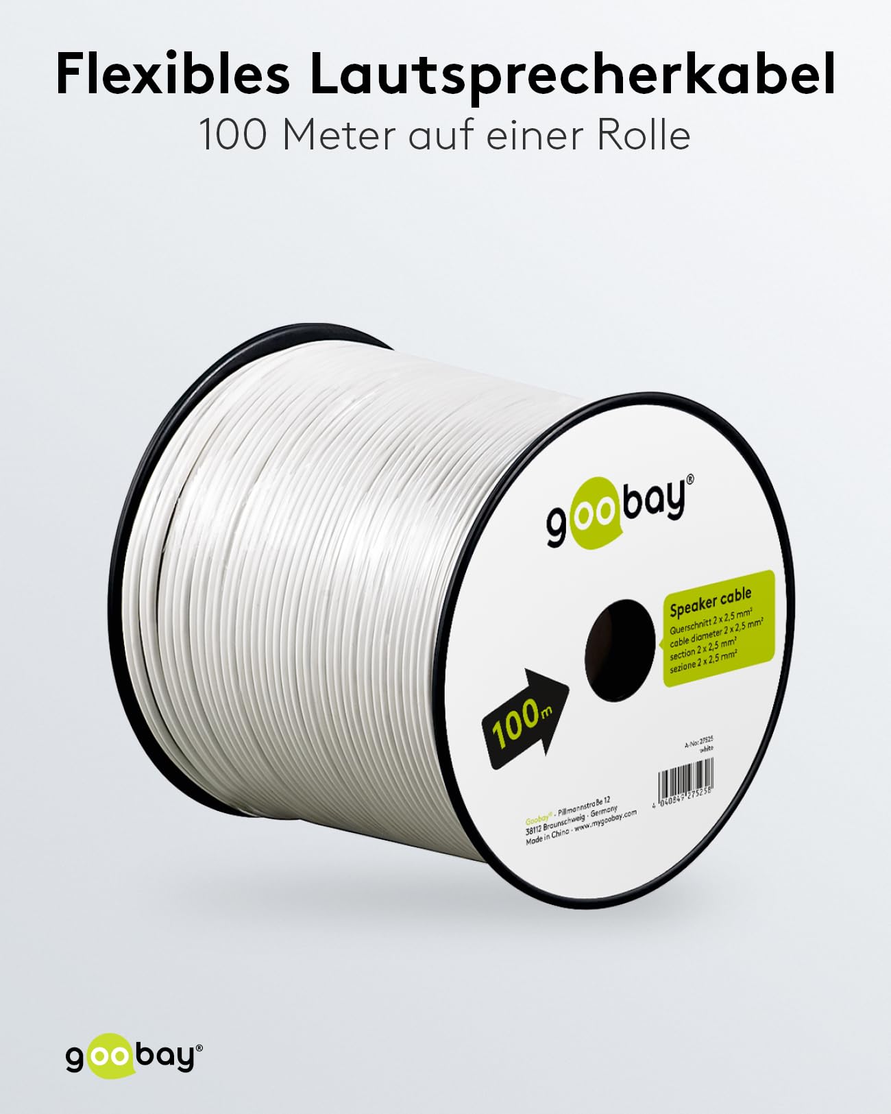 Goobay 27525 Lautsprecherkabel 2x2,5mm² CCA Litze / Boxenkabel Audio Kabel Meterware / Speaker Cable Litzenkabel Audiokabel Subwoofer Kabel / Weiß / 100m