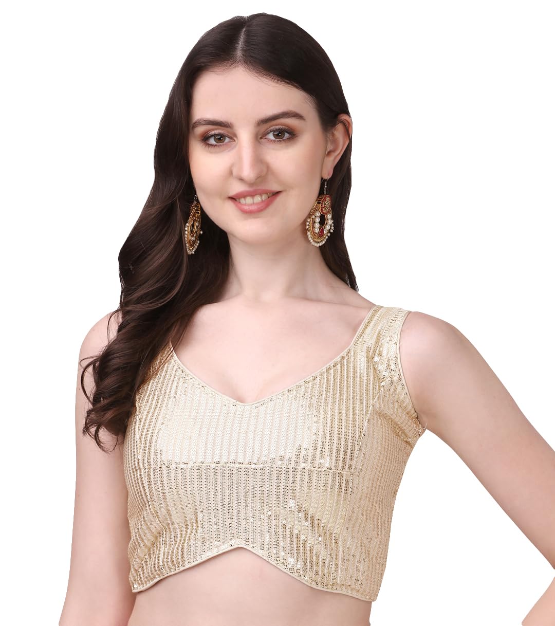 Pujia Mills Women's Multicolor Sweetheart Neck Georgette Line Soft Embroidery Sequence Zari Work Sleeves Readymade Saree Blouse (36, Cream)