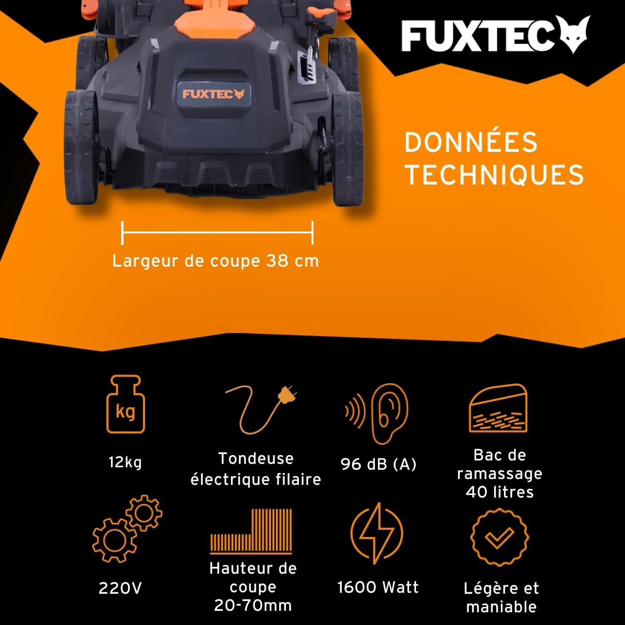FUXTEC Tondeuse à Gazon Électrique Filaire Poussée FX-RME38 12Kg, Largeur De Coupe 38cm, Bac De Ramassage 40L, Hauteur De Coupe 20mm - 70mm, 1600Watt - 220V