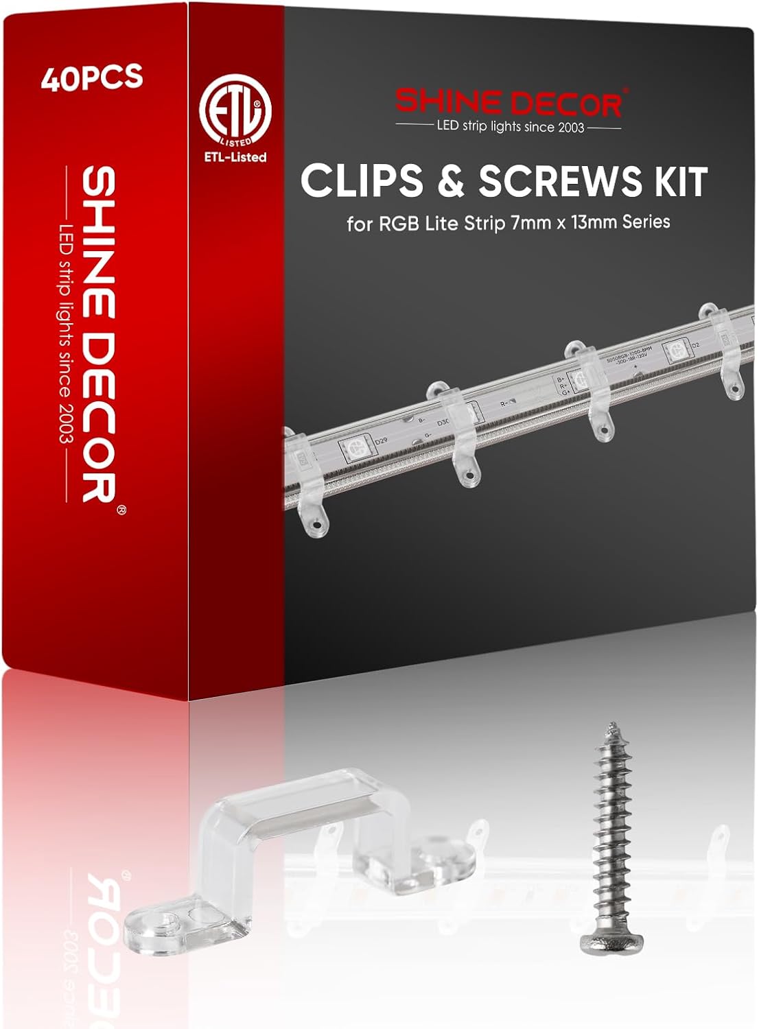 Shine Decor Mounting Clips Screws for RGB Lite Strip, Monochrome Lite, Eco, CCT Strip or Lighting of Similar Dimensions, Mounting Kit Including 40pcs Transparent Clips 80pcs Screws