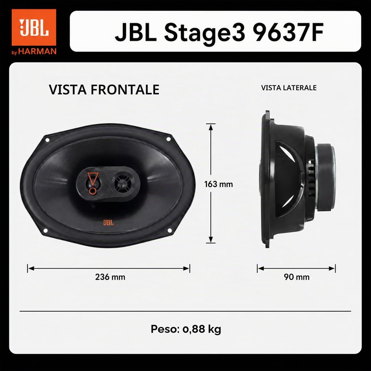 JBL Stage3 9637 Set di casse auto a 3 vie di Harman Kardon - Altoparlanti auto da 375 Watt - Scatola ovale JBL grande 6" x 9" (152 mm x 230 mm)