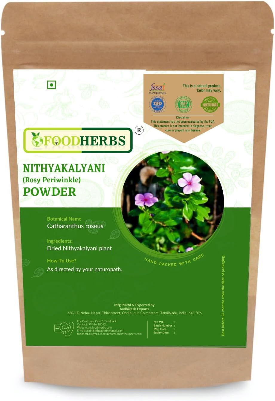 FOODHERBS Nithyakalyani Powder | 200 g / 0.44 Lbs | Rosy Periwinkle | Catharanthus Roseus