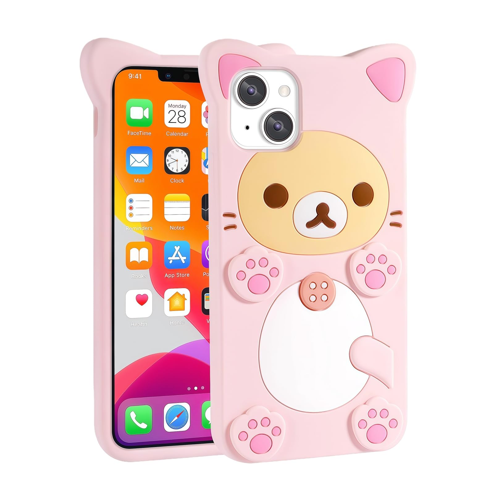 Cute Kawaii 3D Phone Case Compatible with iPhone 13 6.1" Cartoon Pink Bear Design Fashion Cool Funny Case Soft TPU Protective Case Silicone Cover for Girls Women Kids Pink