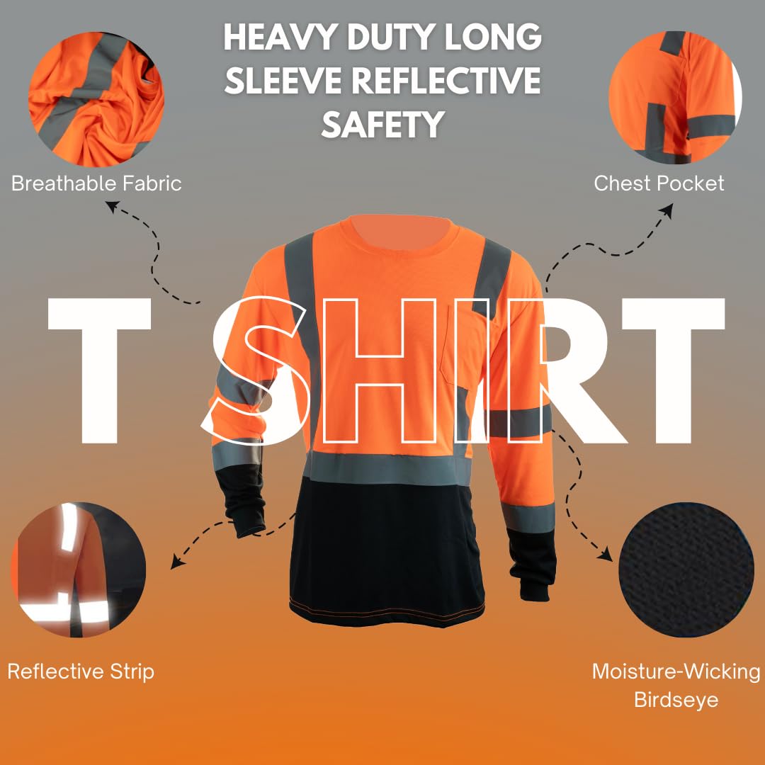 Homiegear High Visibility T Shirt for Men Women | Reflective Long Sleeve T Shirts | Safety Work T Shirts with Black Bottom (US, Alpha, X-Large, Regular, Regular, Orange)