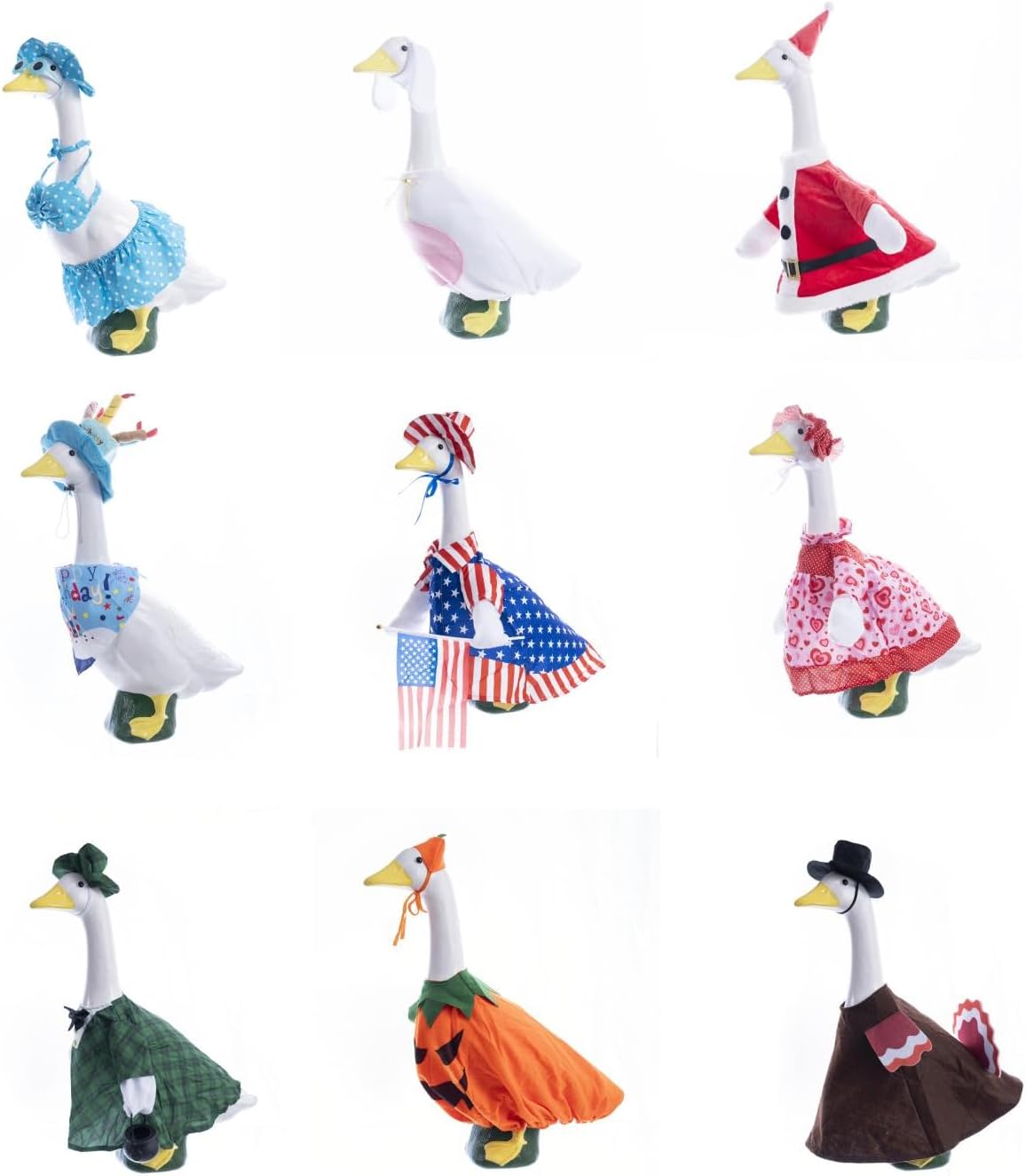9 Set of Holiday Porch Goose Outfits All Seasons Holiday Christmas Birthday Easter Summer Hawaiian 4th of July Fall Lawn Goose Clothing Porch Clothes for Patio Yard Lawn Decor
