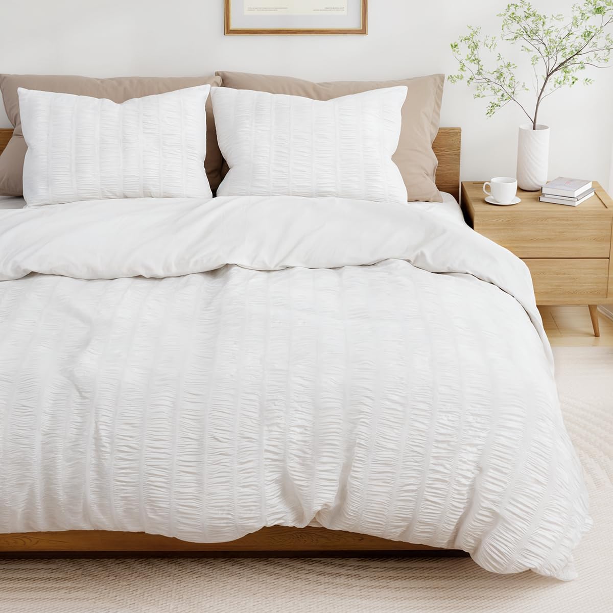 White Duvet Cover Queen Size, Seersucker 3 Pieces Bedding Set, Includes 1 Duvet Cover 90x90 Inches and 2 Pillowcases 20x26 Inches