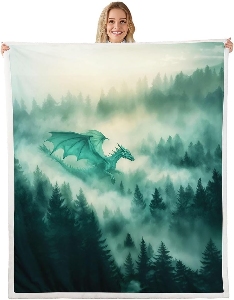 Flying Dragon Throw Blanket Misty Mountain Jungle Fleece Flannel Blankets Kids Boys Girls Room Decor Ancient Mysterious Animal Bed Blankets for Bed Sofa Couch Dark Green Plush Blanket Twin 60"x80"