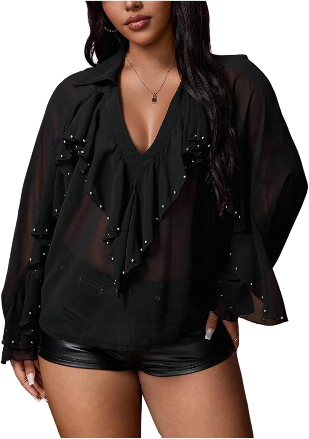 OYOANGLE Women's Plus Size Studded Ruffle Blouse Rave Tops Bishop Sleeve Deep V Neck Mesh Shirts