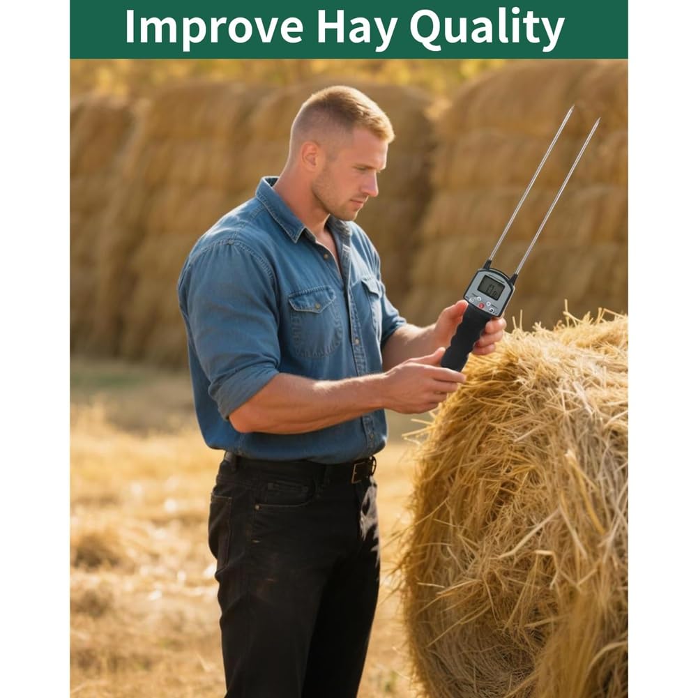 Medidor de Humedad de Heno con Sonda Doble. Medidor de Humedad de Forraje con Compensación Automática de Temperatura para Alfalfa y Pacas.