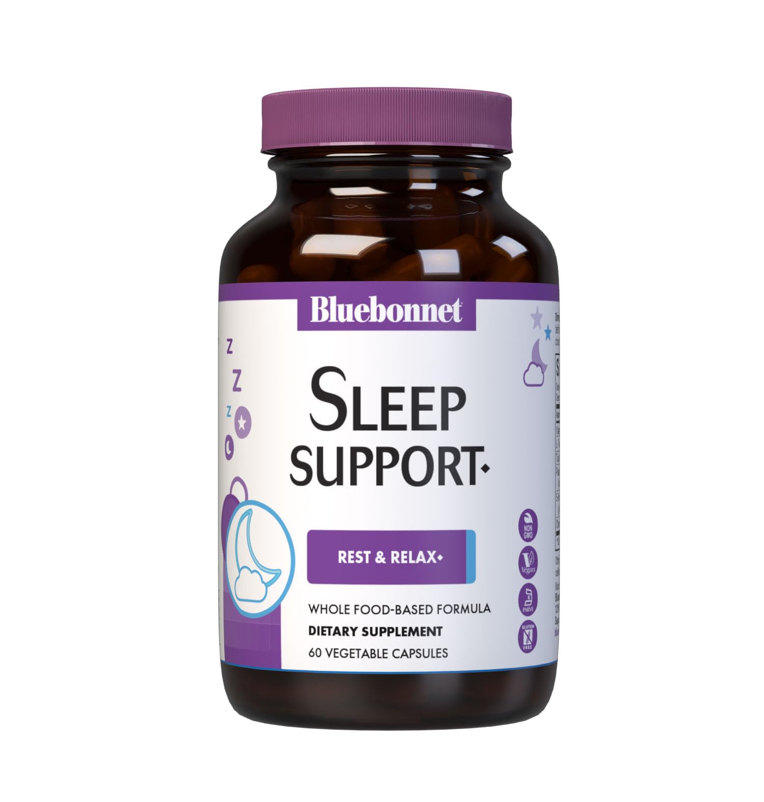 Bluebonnet Nutrition Sleep Support, Rest & Relaxation Whole Food-Based Formula*, Non-GMO, Vegan, Gluten-Free, Kosher Certified, Soy-Free, Dairy-Free, 60 Vegetable Capsules, 60 Servings