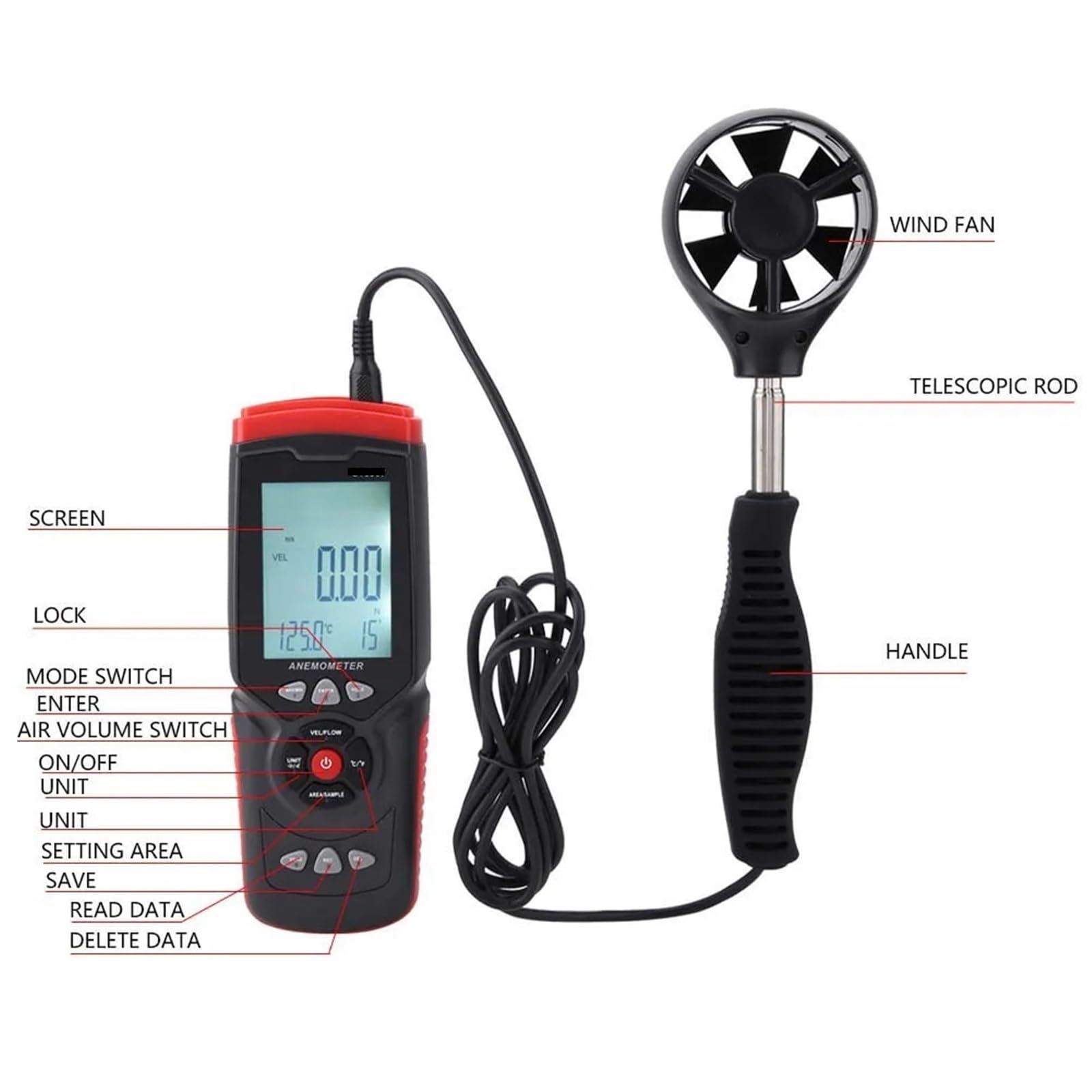 Anemómetro, Termómetro de viento, medidor velocidad del digital, anemómetro USB multifunción, temperatura y aire