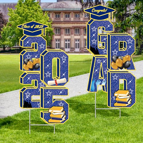 Graduation Yard Signs Class of 2025-3.5Ft Large Congrats Grad Yard Sign Decorations with Stakes Class of 2025 Sign for Graduation Party Outdoor Decorations Supplies Graduation Lawn Signs-Blue