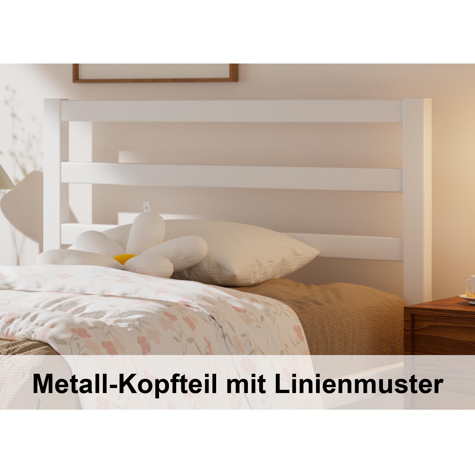 E-Motie Bett 90×200, Metallbettgestell 90 × 200 cm mit Kopfteil, Stauraum unter dem Bett, Modernes Jugendbett mit Lattenrost, Einfache Montage, Weiß