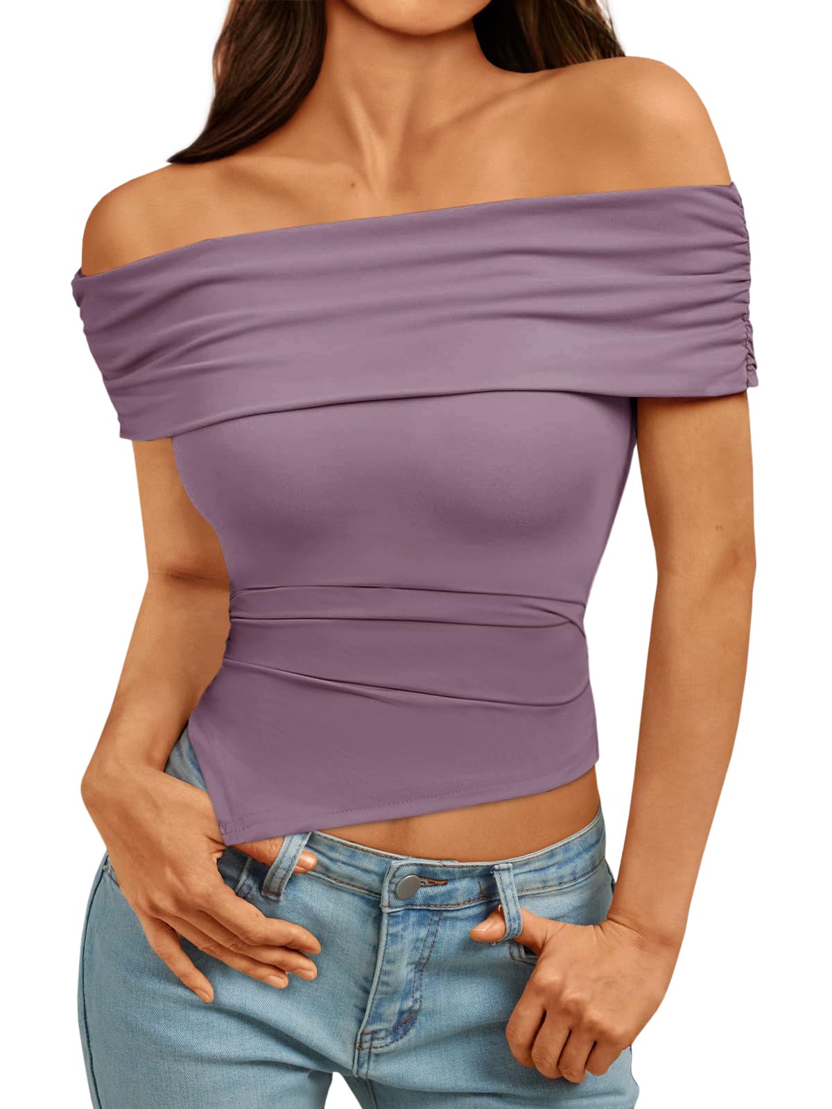 Imily Bela Women's Summer Off The Shoulder Top — Casual Asymmetrical Slim Fit Y2K Going Out Cropped Shirt (Violet)