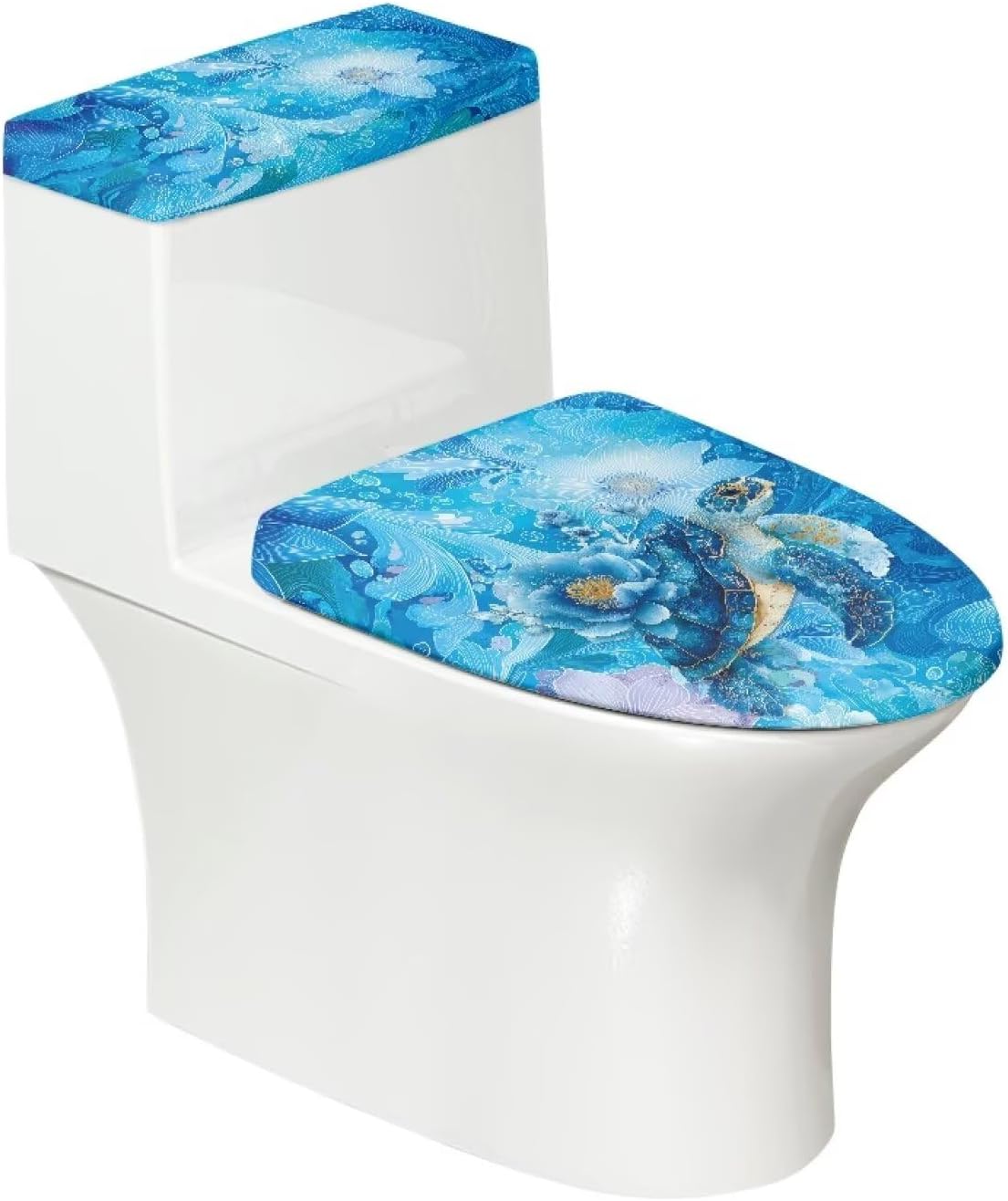 Blue Sea Turtle Bathroom Toilet Lid Covers and Tank Cover Set Animal Print Seat Covers Fits Most Lids for Accessories Decor with Elastic Edge Keep Dust Stain Holiday Decoration