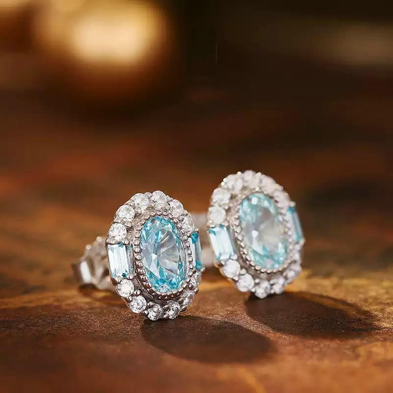 Weißgold 375/585 / 750 Ohrringe Hochzeit Damen, Oval mit Künstlicher Paraiba-Turmalin und Moissanit, Schmuck Frauen Hellblau Silber Ohrringe