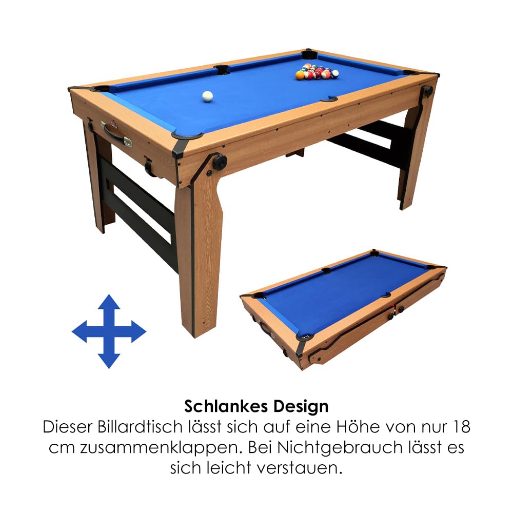 BCE Razor 6ft Rollbarer, Flach Klappbarer Billardtisch – Schlankes, Platzsparendes Design mit Einfacher Aufbewahrung – Inklusive 2 x 48 Queues & 48mm Kugelset – Keine Montage Erforderlich