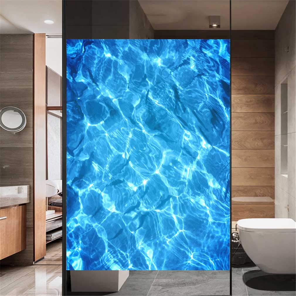 Xijier No Glue Decorative Privacy Frosted Window Film Blue Water Surface Pattern Glass Door Window Covering Window Decals Window Sticker for Home Office 60x90cm(23.6