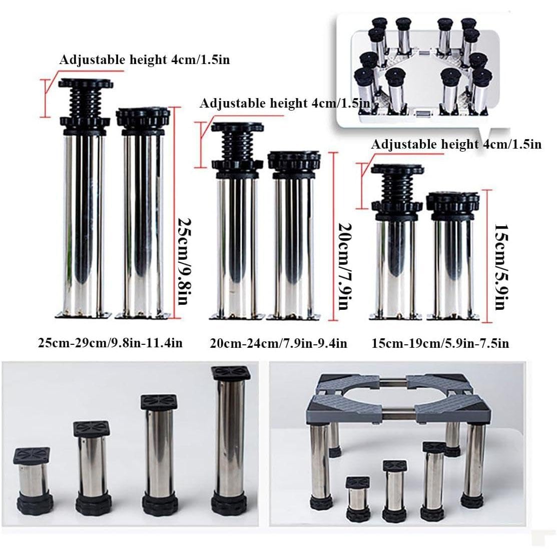 Soporte Lavadora función antivibración Base Lavadora Frenos Ajustables, Ajustable en tamaño, para lavadoras y secadoras apiladas de 42-69 cm, Carga de 400 kg,12 Legs-28cm-32cm
