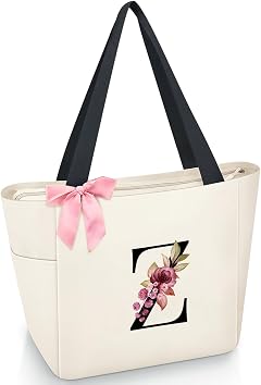 Vavabox Sac Cabas Personnalisé avec Initiale A-Z, Cadeau Imperméable pour Femmes, Demoiselles d'Honneur, Maman, Enseignantes, Amies (Z, Blanc)