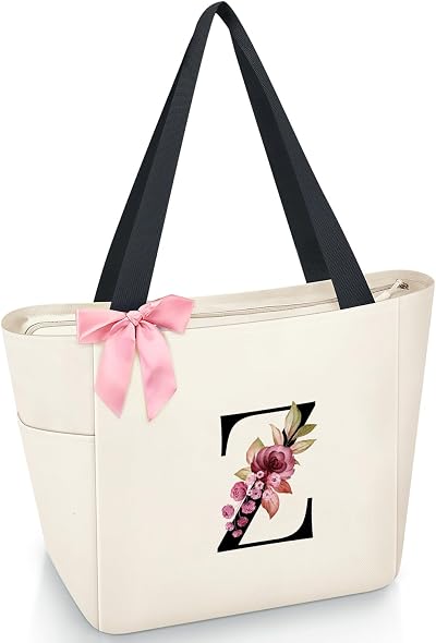 Vavabox Sac Cabas Personnalisé avec Initiale A-Z, Cadeau Imperméable pour Femmes, Demoiselles d'Honneur, Maman, Enseignantes, Amies (Z, Blanc)