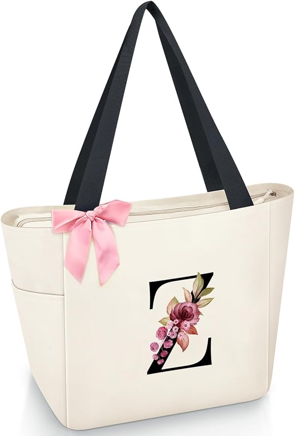 Vavabox Sac Cabas Personnalisé avec Initiale A-Z, Cadeau Imperméable pour Femmes, Demoiselles d'Honneur, Maman, Enseignantes, Amies (Z, Blanc)