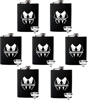 Lady&Home Groomsmen Flask,Set of 7 Groomsman Gifts for Wedding,Engraved 6oz Stainless Steel Hip Flask for Best Man and Groomsman Proposal-Includes Funnels (LJ-Bold)