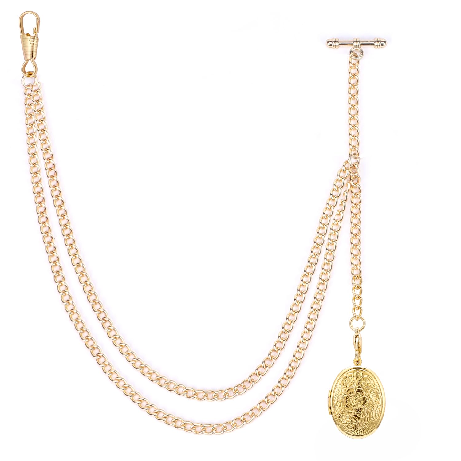 ManChDa Pocket Watch Chains for Men - Pocket Watch Chain with Locket Pendant, Pocket Watch and Chain, Albert Chain Curb Link T-Bar Chain 2 Hook Antique Fob T Bar for Men