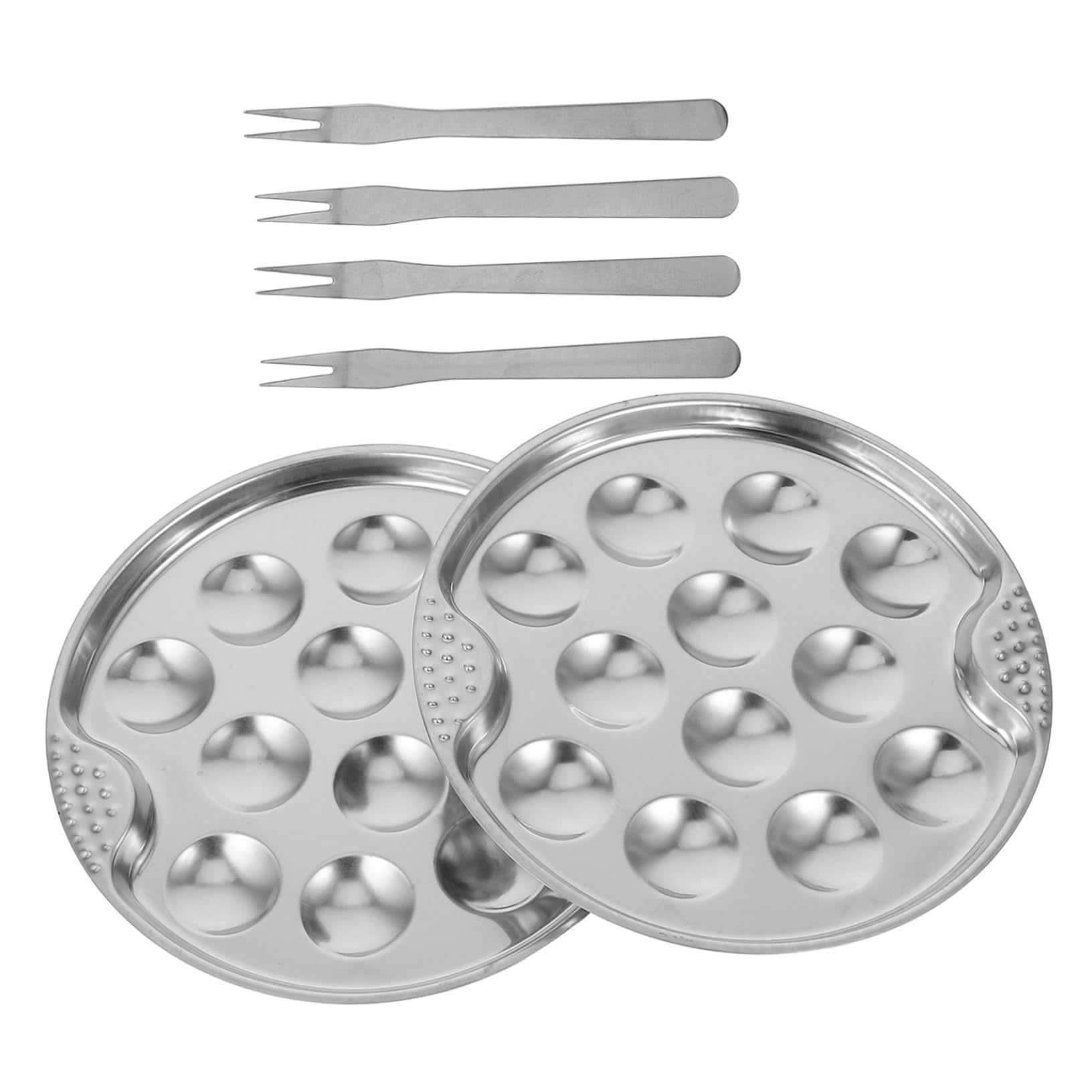MOLUCKFU 2 Sets Stainless Steel Escargot Plates Conch Dishes with Forks for Condiments Seafood Serving Easy to Clean Compact Design for Dipping Sauces and Spices