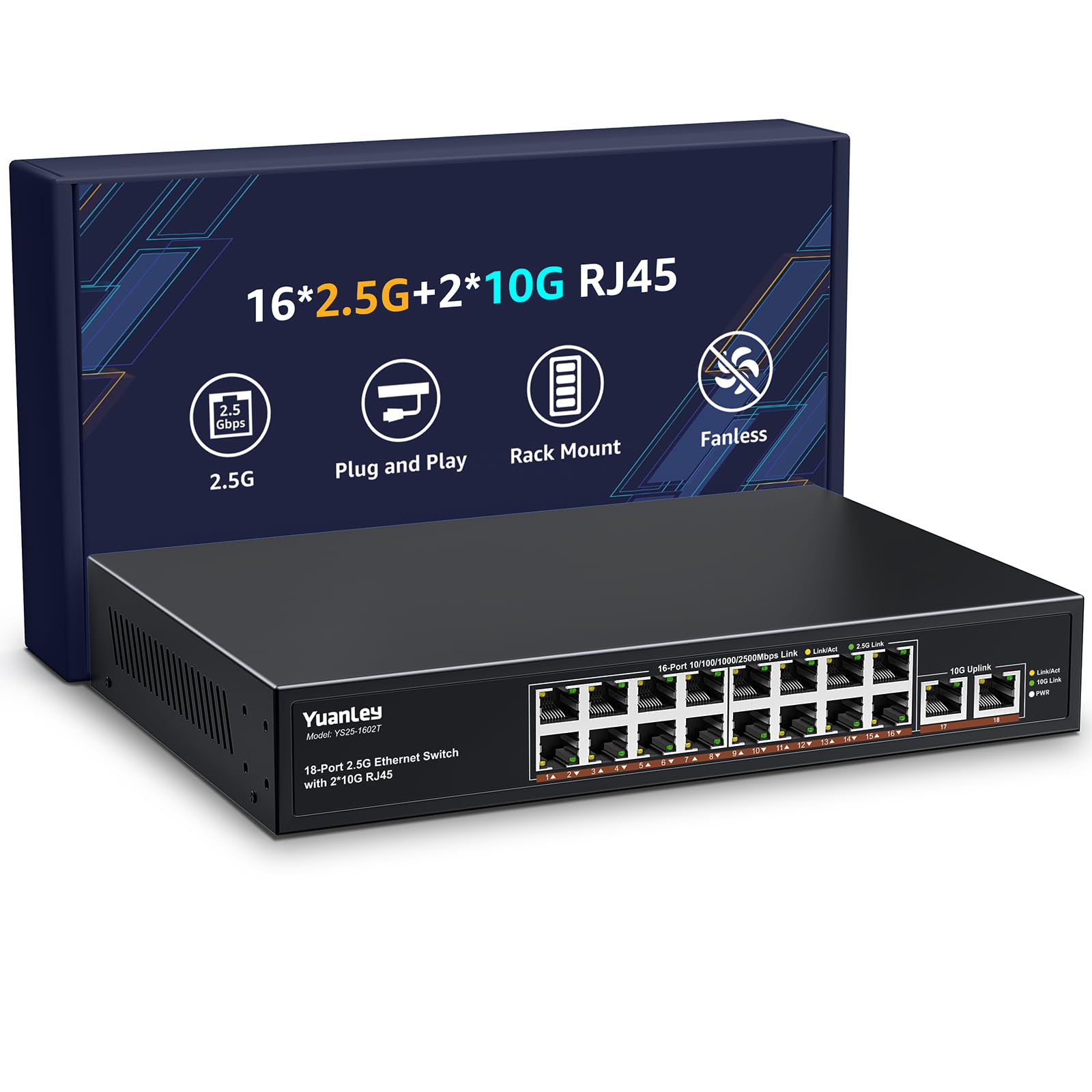 YuanLey Switch Ethernet 2,5G de 18 Puertos No Gestionado, 16 x Puertos 2,5G Base-T y 2 x Puertos 10G RJ45, Switch de Re…