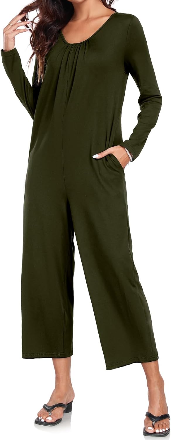 VUTRU Casual Jumpsuits for Women Long Sleeve Loose Overalls Wide Leg One Piece Pajamas Long Pants Romper with Pocket