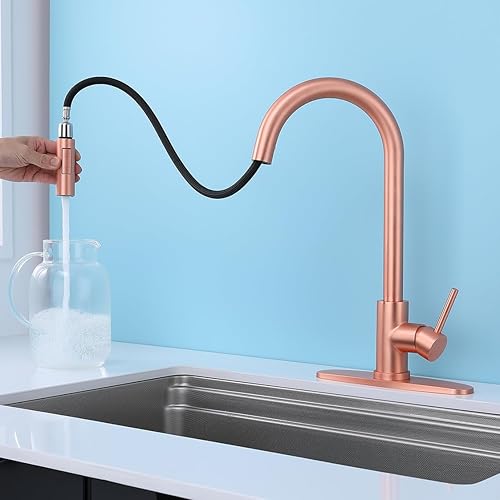 Miniatura 3 de GULICA Grifo de cocina, grifo de cocina de oro rosa de cobre, grifo de cocina con rociador de extracción Oot, grifo de cocina de cobre rojo con