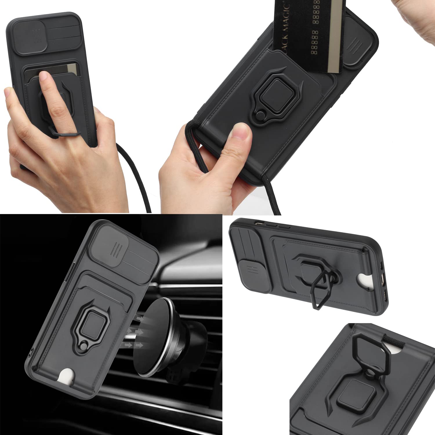 Kaslly Funda con Cuerda para Samsung Galaxy A35+[2 Pack Protector Pantalla],Case con Ranura para Tarjetas,Cubierta de Cámara Deslizante Proteger,Doble Cara Protección-Negro — view 4