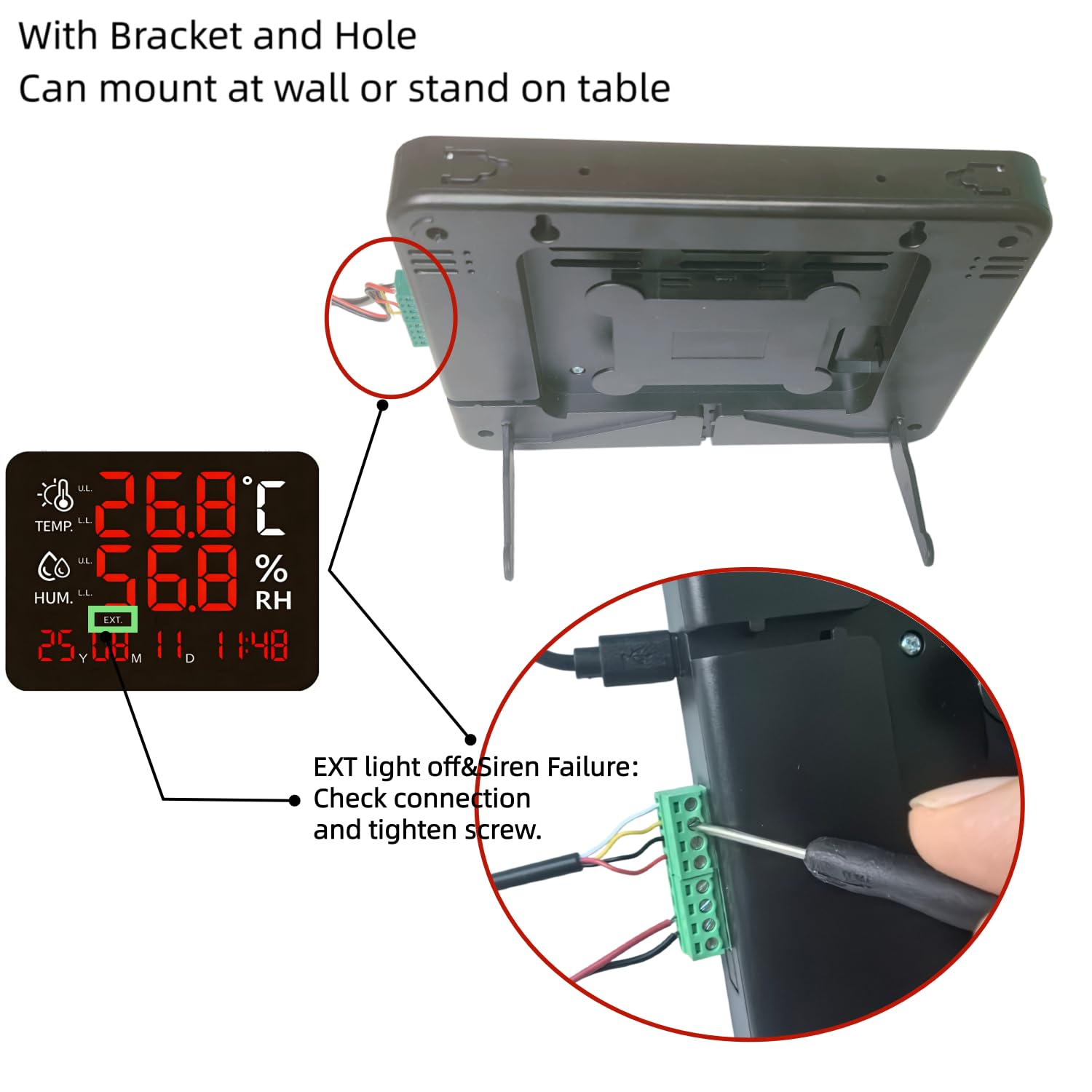 Termómetro de pantalla grande, luz de advertencia de temperatura grande, máximo mínimo para monitorear alta y baja temperatura, sensor de humedad, alerta de alarma, termómetro higrómetro con hora y