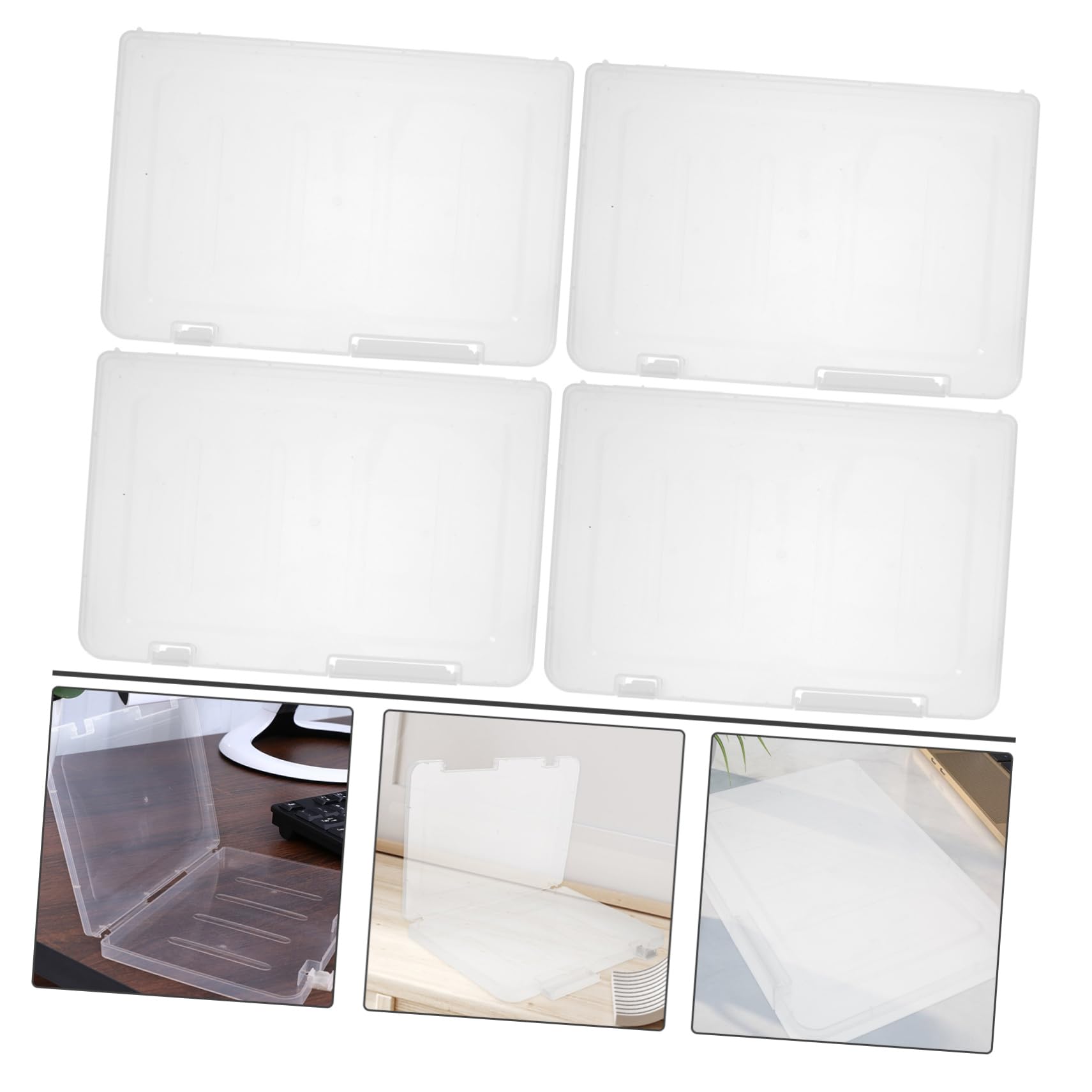 Caja Organizadora de Plástico Blanco para Almacenamiento de Documentos A4 Tapa, Capacidad Grande y Diseño Portátil para Oficina y Escuela, Pack de 4 Unidades