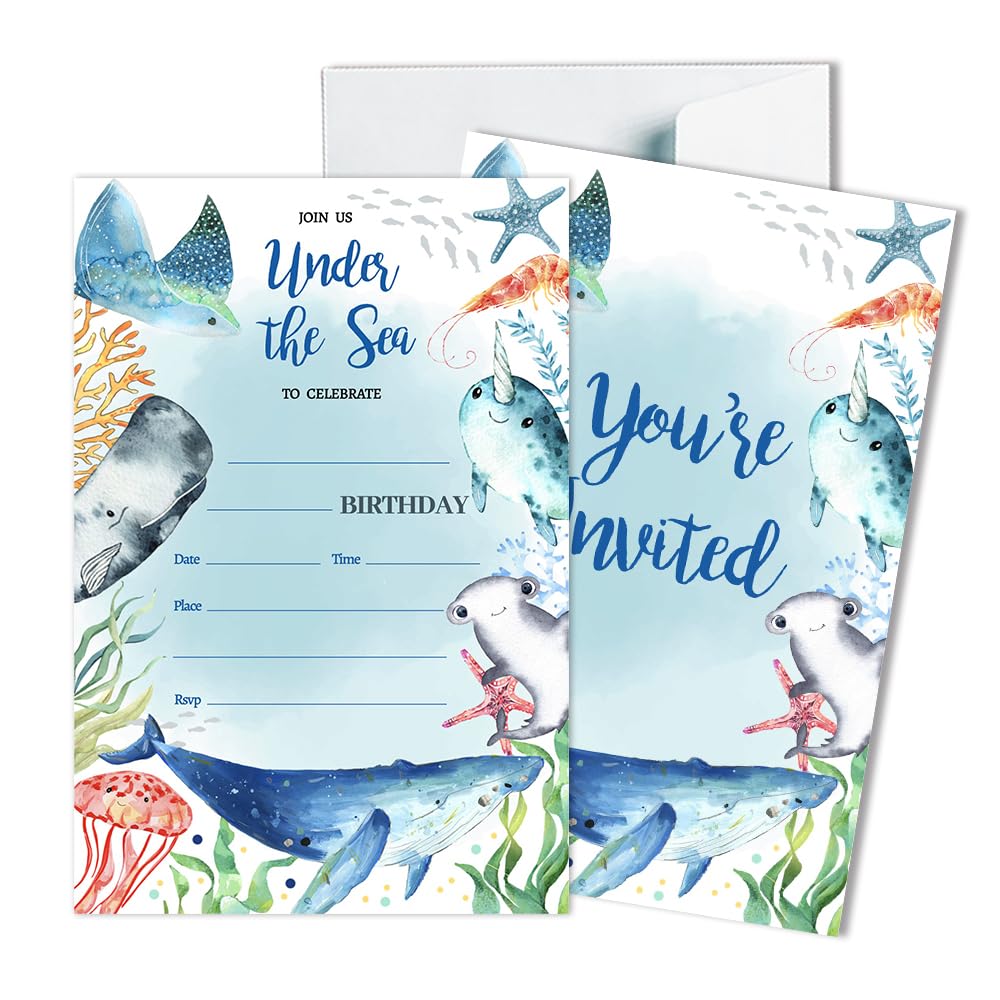 Photo 1 of Children's Birthday Party Invitation Cards Kids Under the Sea Pool Party Birthday Party Invites for Girls Kids Sea Creatures Whale Turtle Shark Jellyfish (20 Cards with 20 Envelopes) - JRM431