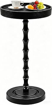 amzwkt 100% Solid Wood Round Side Table, Sturdy Pedestal Martini Drink Table, Easy Assembly Accent End Table for Small Spaces Living Room Bedroom Office Corners, Black Premium