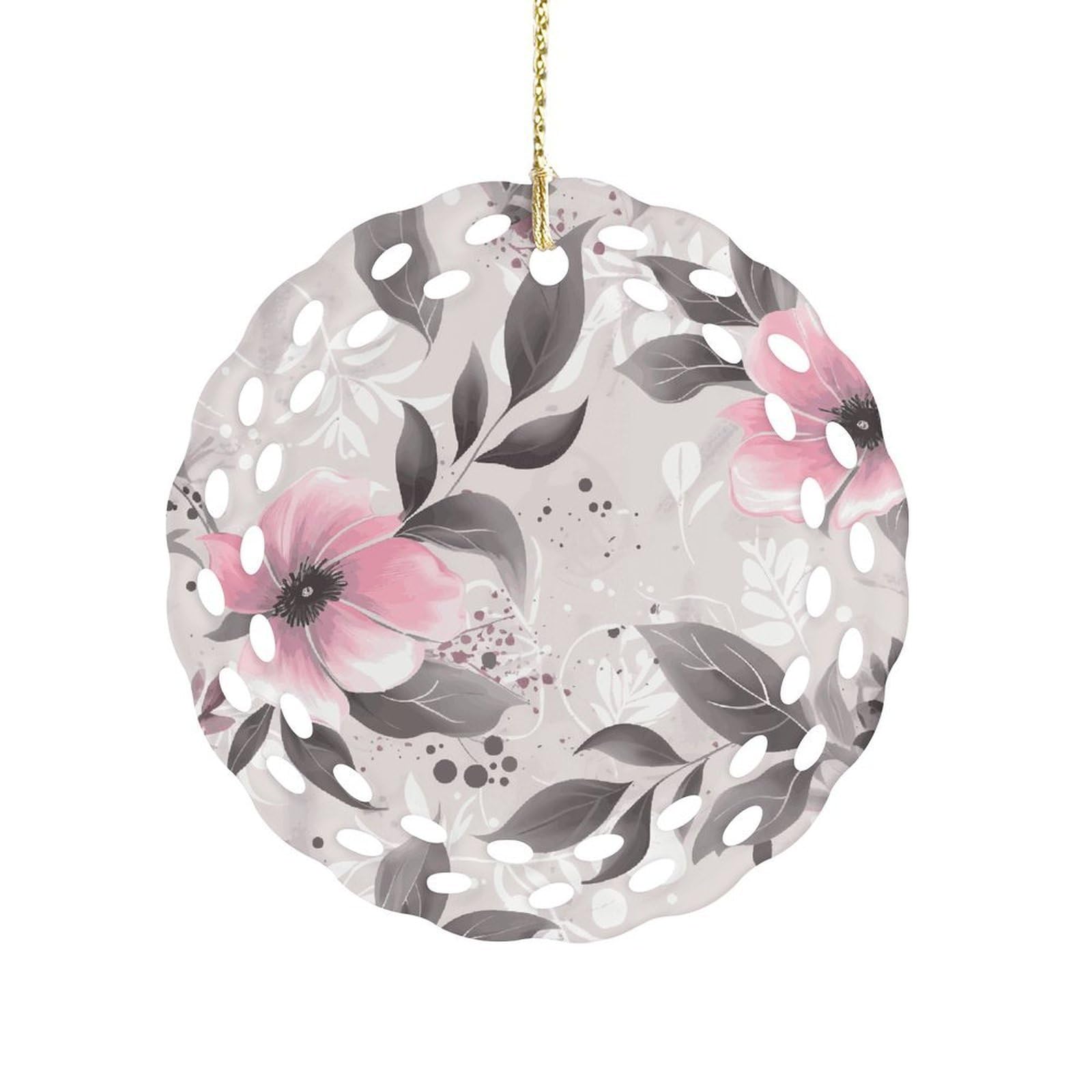 Pink Flowers and Leaves on Gray Christmas Ornament Holiday Hanging Decoration Xmas Tree Keepsake Personalized Xmas Tree Ornament Round Ceramic Ornaments for Keepsake Gifts Ideas Home Decor