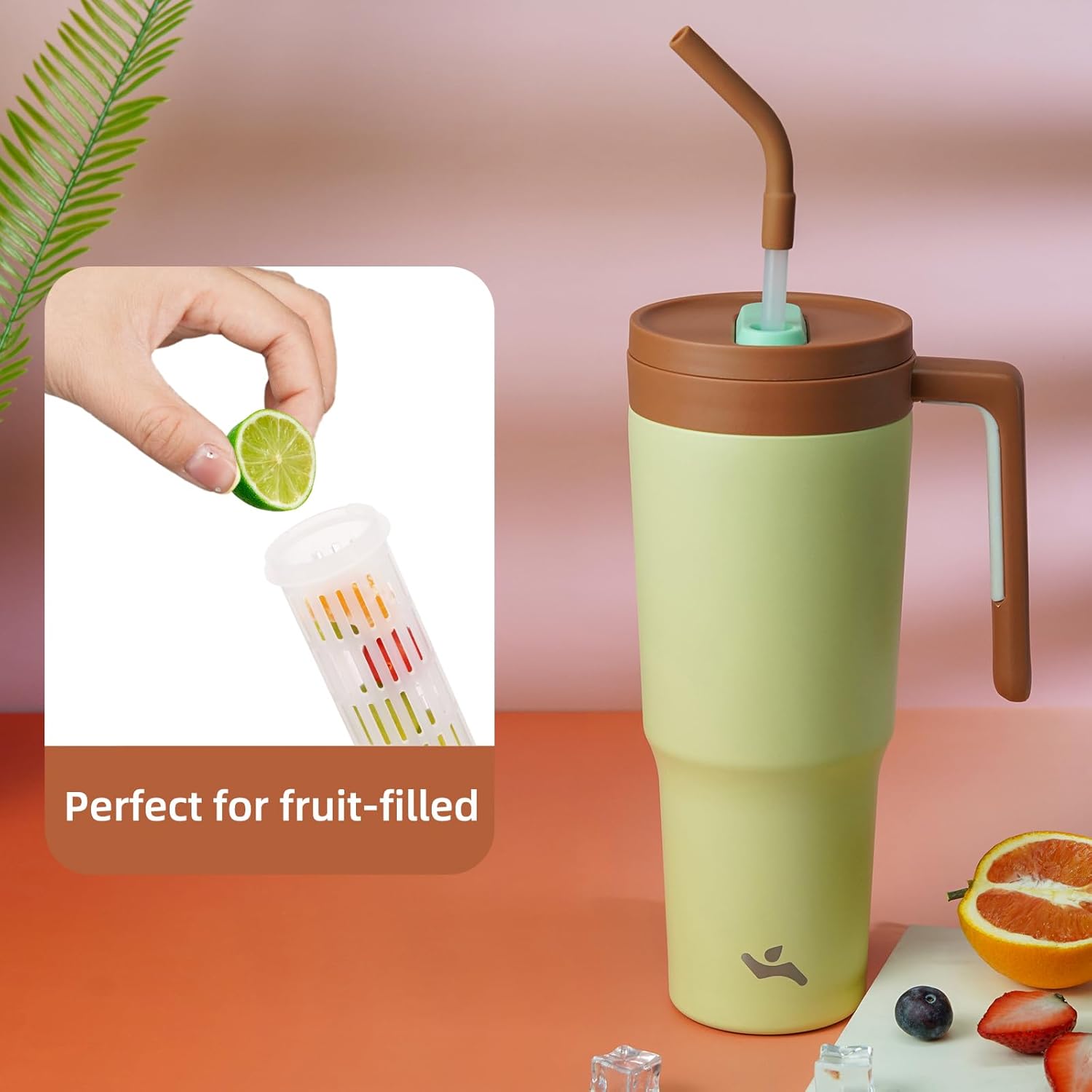 Insulated Tumbler with Handle and Straw,40 OZ Vacuum Stainless Steel Water Bottle Travel Mug Metal Cup with Fruit Diffuser,Lake Blue - Image 4