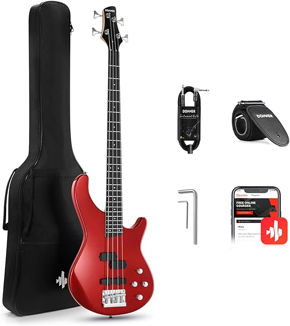 Donner Electric Bass Guitar 4 Strings Full-Size Standard Bass PJ-Style Electric Bass for Adults with Free Online Lesson,Gig Bag Guitar Strap and Guitar Cable Included, DPJ-100, Red