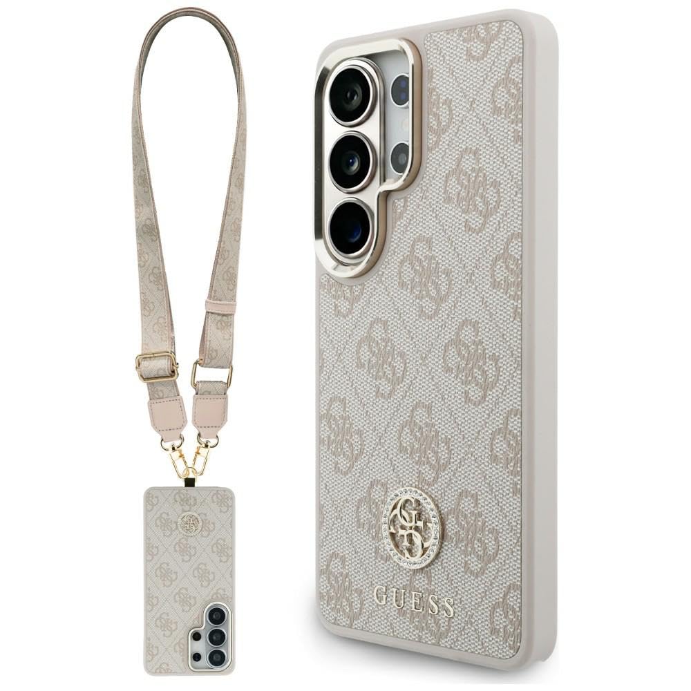 CG MOBILE Guess etui + smycz 4G, duża bransoletka ze strasu, trójkątna bransoletka kompatybilna z MagSafe do Samsung Galaxy S26 Ultra (różowe)