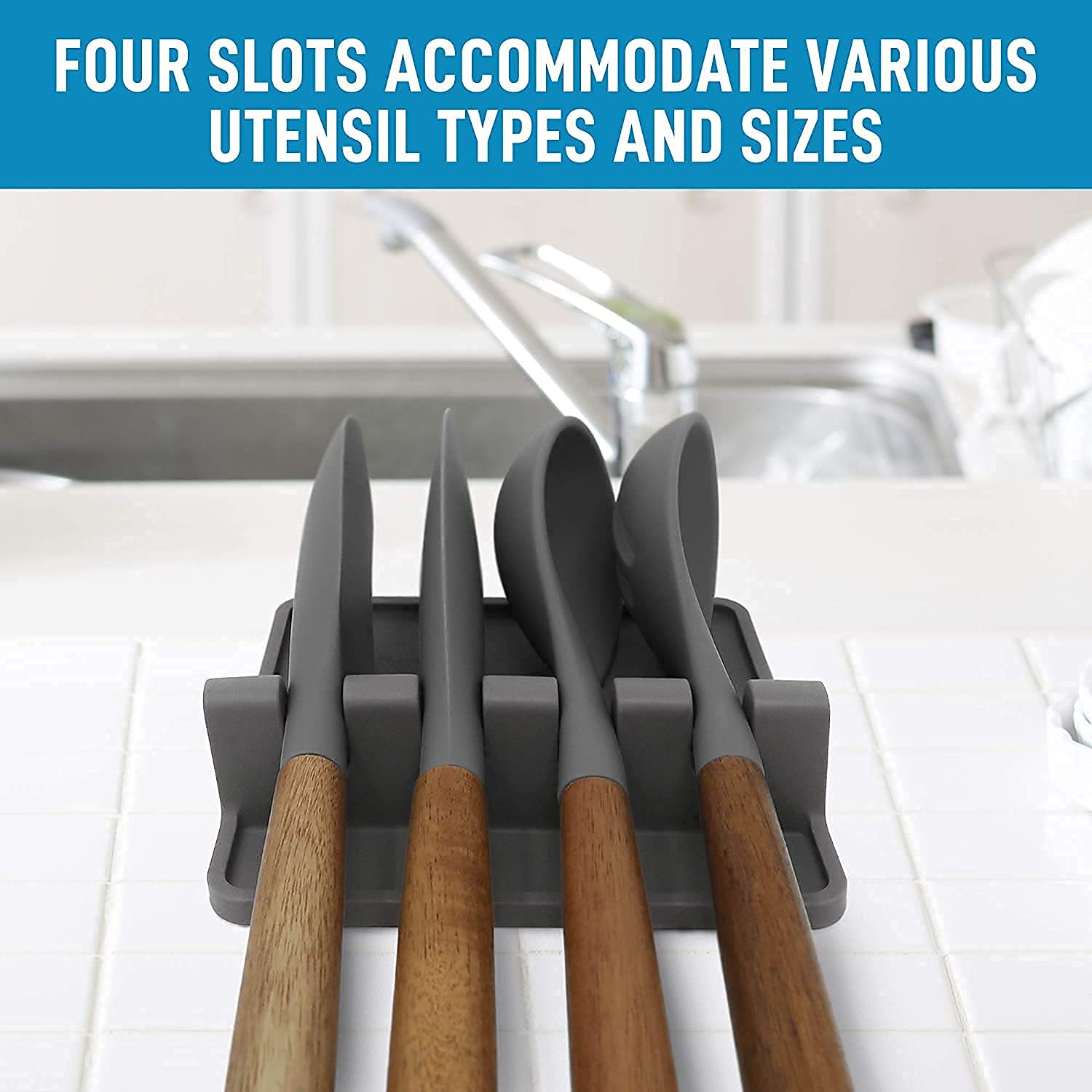 BluBasket Silicone Multiple Utensil Rest with Drip Pad, Utensil Holder for Stove Top, Kitchen Spoon Rest & Spoon Holder for Brushes Spatulas Ladles Forks, BPA Free Heat Resistant 1 PC