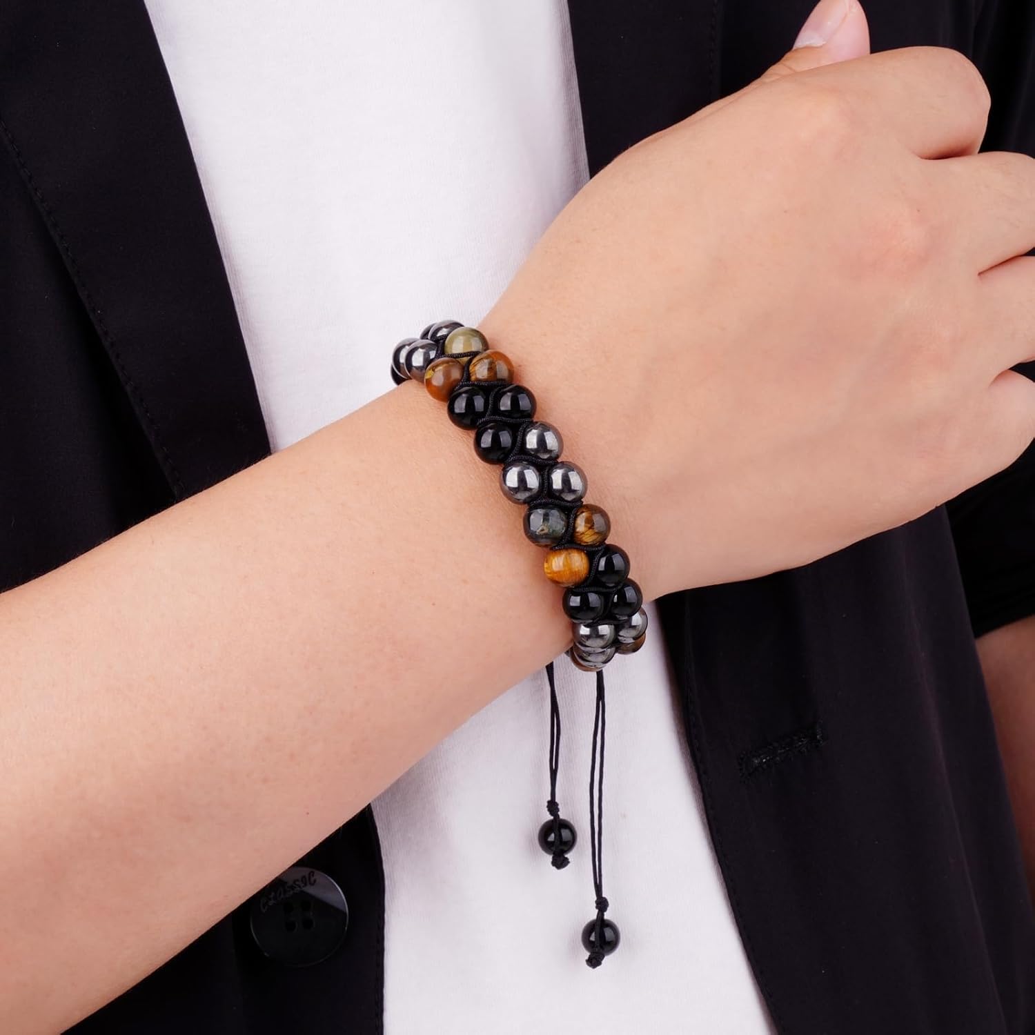 Handmade Triple Protection Bracelet - Men & Women's Crystal Bracelet with Tiger Eye, Hematite, and Black Obsidian - 8mm Natural Stone Beads Bring Good Luck, Prosperity, Happiness - Image 6